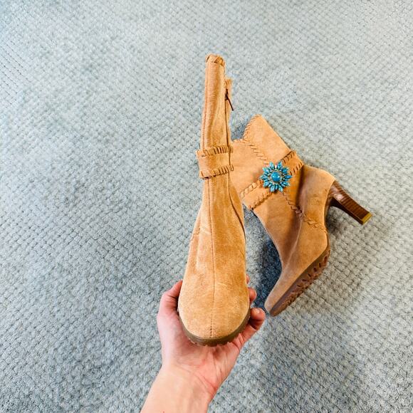 Vintage Suzanne Somers Suede Leather Turquoise Heeled Y2K Western Ankle Boots 7 - Picture 2 of 7